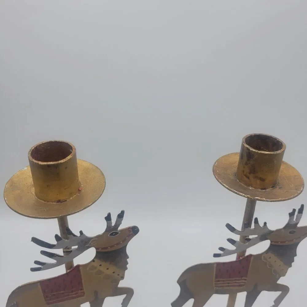 Christmas Metal Reindeer Candle Holder Candlestick Pair Hand Painted Elk Caribou